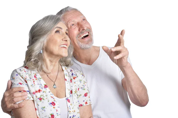 Portrait Hugging Senior Couple Looking Isolated White Background — Stock Photo, Image