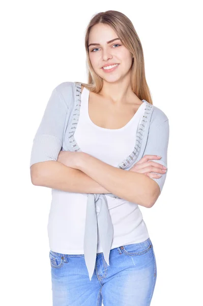 Retrato Mulher Bonita Jeans Posando Isolado Branco — Fotografia de Stock