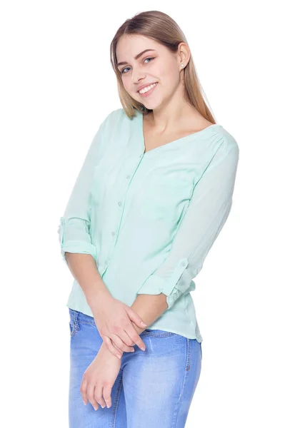 Retrato Mulher Bonita Jeans Posando Isolado Branco — Fotografia de Stock