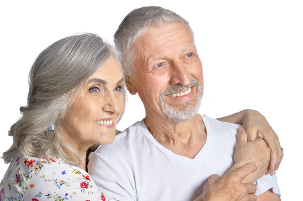 Portrait Câlin Couple Âgé Isolé Sur Fond Blanc — Photo