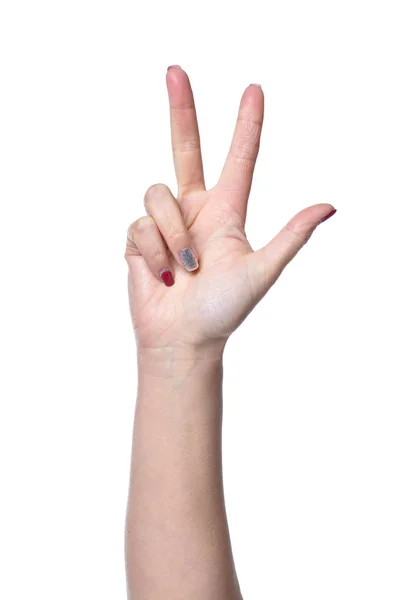 Γυναικεία Παλάμη Δείχνει Τρία Δάχτυλα Που Απομονώνονται Λευκό Φόντο — Φωτογραφία Αρχείου