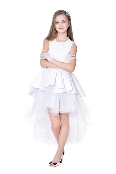 Bonne Petite Fille Costume Carnaval Posant Isolé Sur Fond Blanc — Photo