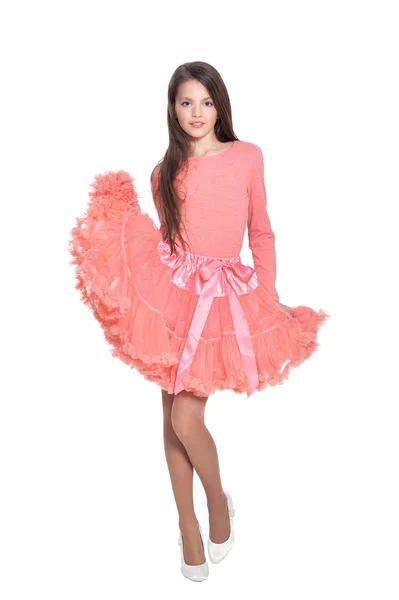 Happy Little Girl Pink Dress Posing Isolated White Background — Stock Photo, Image