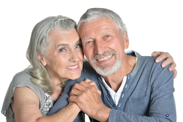 Portrait Câlin Couple Âgé Assis Table Isolé Sur Fond Blanc — Photo