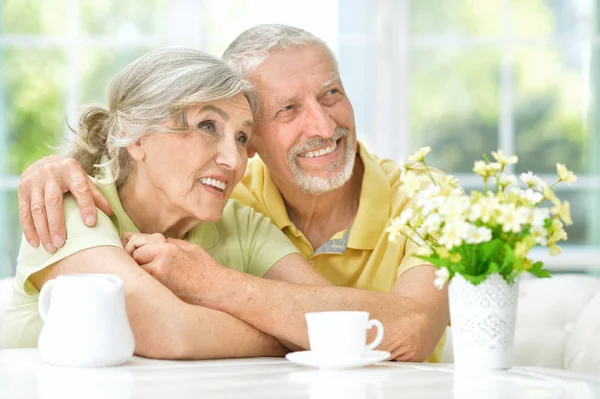 Happy Senior Couple Drinking Tea Kitchen — Stock Photo, Image