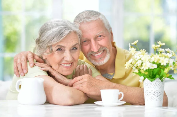 Happy Senior Couple Drinking Tea Kitchen — Stock Photo, Image