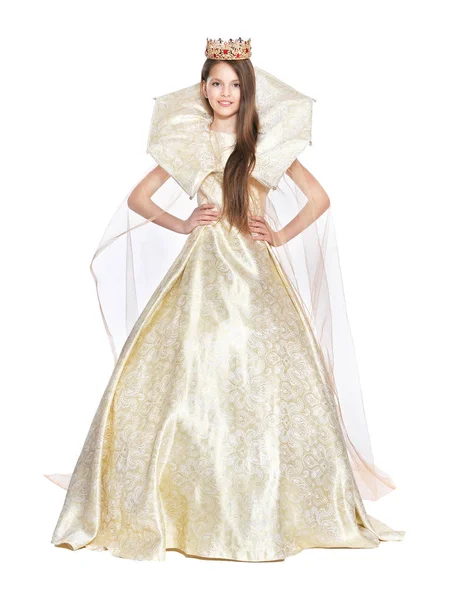 Niña Feliz Vestido Dorado Posando Aislada Sobre Fondo Blanco —  Fotos de Stock