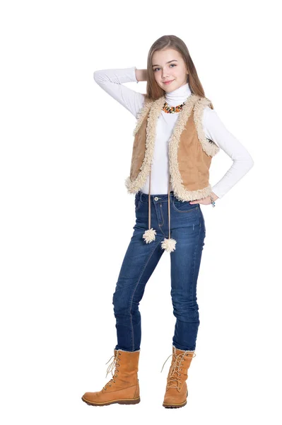 Gelukkig Klein Meisje Poseren Geïsoleerd Witte Achtergrond — Stockfoto