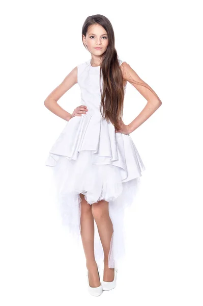 Feliz Niña Vestido Blanco Posando Aislado Sobre Fondo Blanco —  Fotos de Stock