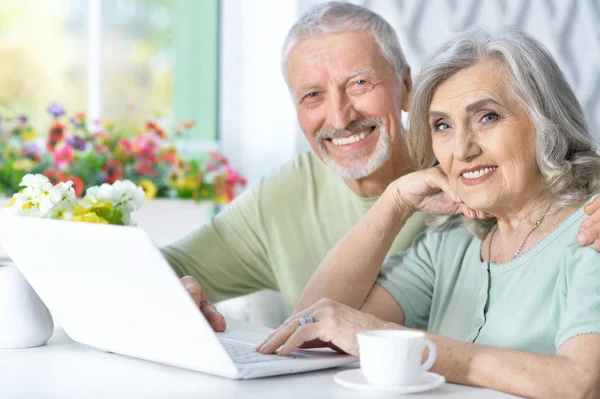 Gelukkig Senior Paar Met Laptop Thuis — Stockfoto