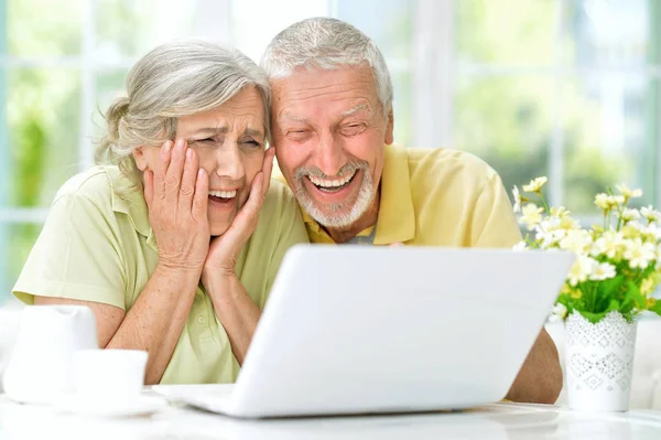 Feliz Casal Sênior Usando Laptop Casa — Fotografia de Stock