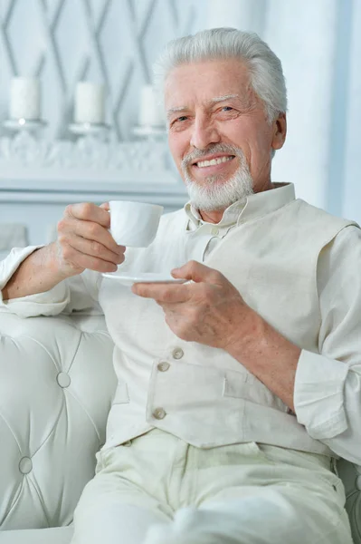 Portrait Smiling Senior Man Drinking Coffee Home — Stock Photo, Image
