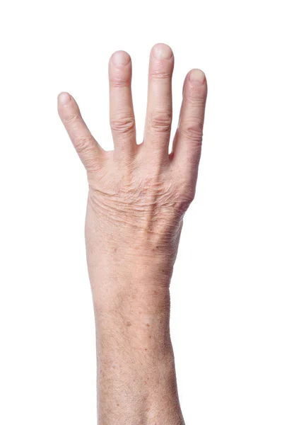 Рука Пожилой Женщины Показывает Четыре Пальца Изолированы Белом Фоне — стоковое фото