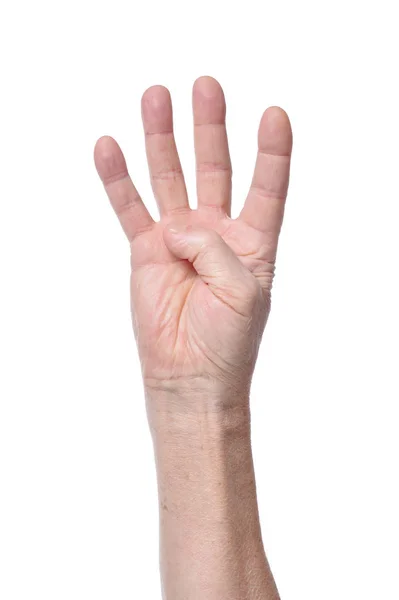Ręka Senior Kobieta Pokazano Cztery Palce Białym Tle — Zdjęcie stockowe