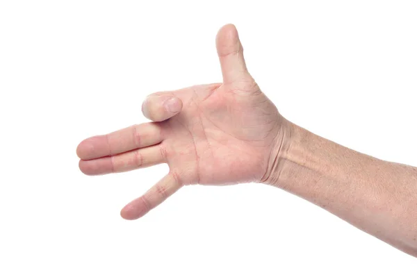 白い背景で隔離の指で犬の印を示す年配の女性の手 — ストック写真