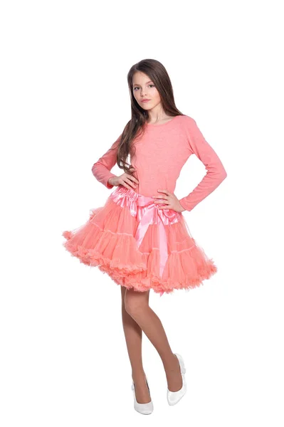 Счастливая Маленькая Девочка Розовом Платье Позирует Изолирован Белом Фоне — стоковое фото
