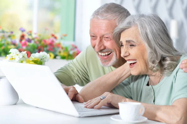 Feliz Casal Sênior Com Laptop Casa — Fotografia de Stock