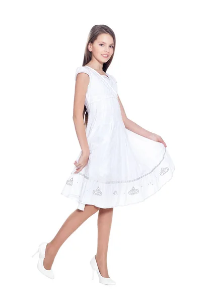 Feliz Niña Vestido Blanco Posando Aislado Sobre Fondo Blanco — Foto de Stock