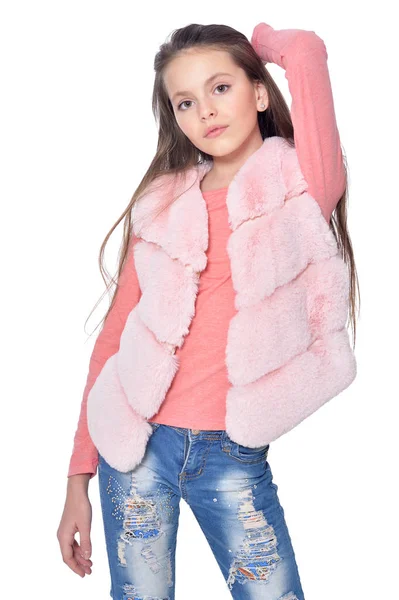 Felice Bambina Posa Gilet Pelliccia Isolato Sfondo Bianco — Foto Stock