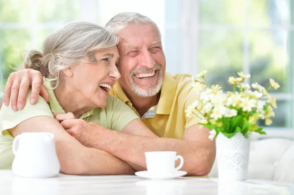 Happy Senior Couple Drinking Tea Kitchen Stock Photo