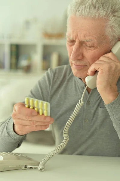 Elderly Ill Man Pills Hand Calling — Stock Photo, Image