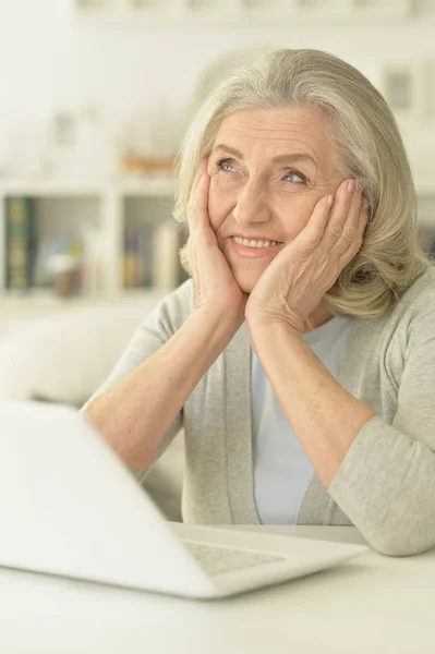 Ευτυχισμένη Ηλικιωμένη Γυναίκα Που Χρησιμοποιεί Φορητό Υπολογιστή — Φωτογραφία Αρχείου