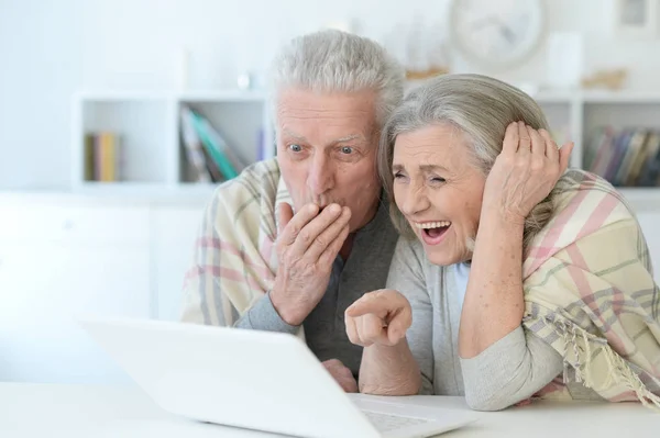 Retrato Cerca Una Pareja Ancianos Usando Portátil Casa —  Fotos de Stock