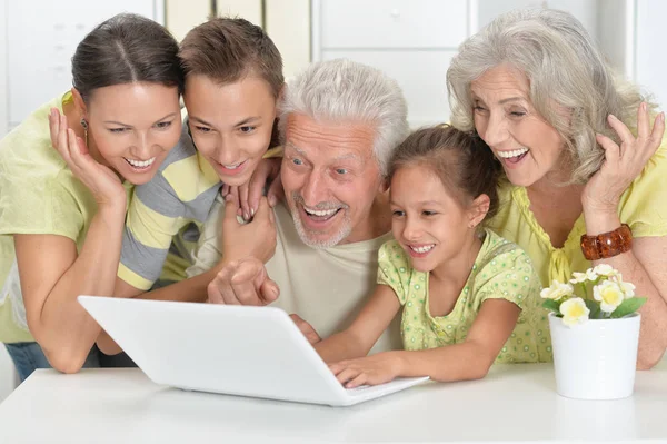 Nagyszülők Felnőtt Lánya Unokái Használ Laptop Otthon Együtt — Stock Fotó