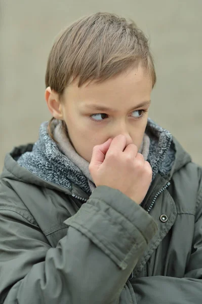 Portrait Sad Boy Outdoors Park — Stock Photo, Image