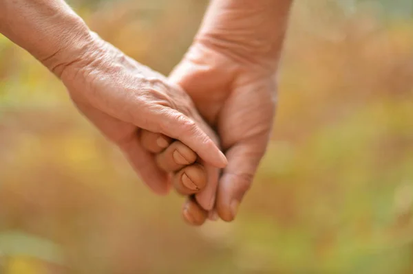 Elderly Couple Holding Hands Together Autumn Park — Stock Photo, Image