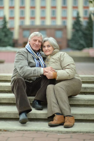 ステップの上に座って美しい白人老夫婦の肖像画 — ストック写真