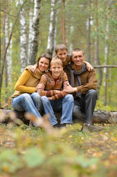 Happy Smiling Family Autumn Forest Sitting — Stock Photo, Image