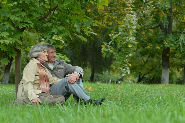 Feliz Pareja Ancianos Sentados Aire Libre — Foto de Stock