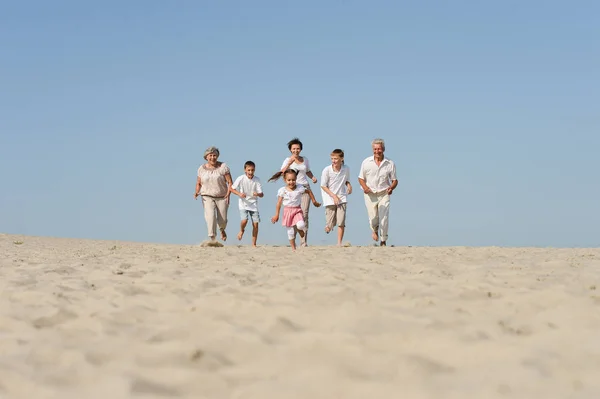 Família Amigável Jogando Catch Areia Verão — Fotografia de Stock