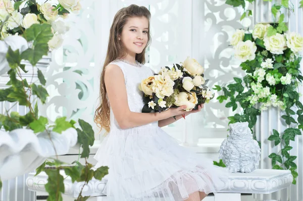 Happy Little Girl White Dress Posing Flowers — Stock Photo, Image