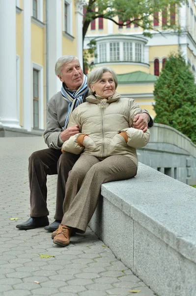 Retrato Hermosa Pareja Ancianos Caucásicos Ciudad Sentado —  Fotos de Stock