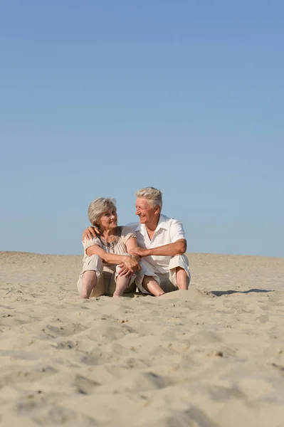 Loving Elder Couple Resting Sand Summer — Stock Photo, Image