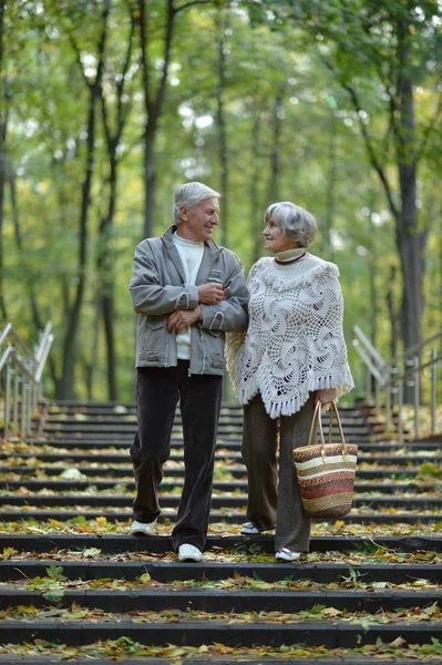 Retrato Belo Casal Sênior Caucasiano Andando Parque — Fotografia de Stock