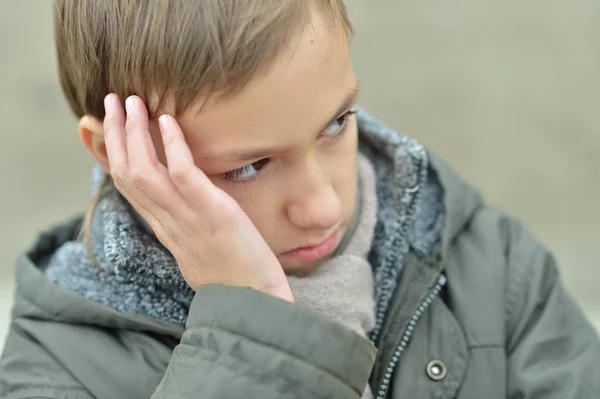 Portrait Sad Boy Outdoors Park — Stock Photo, Image