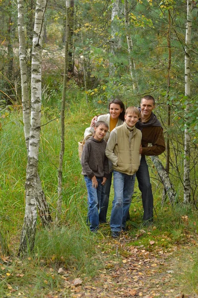 Bonne Famille Souriante Dans Forêt Automne Posant — Photo