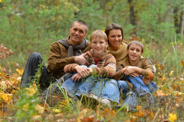 Happy Smiling Family Autumn Forest Sitting — Stock Photo, Image