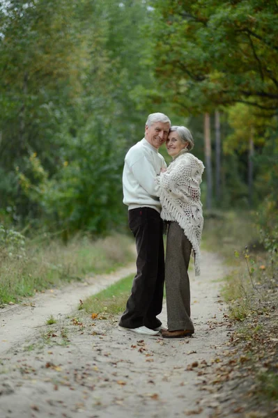 Happy Senior Couple Autumn Park Hugging — Stock Photo, Image