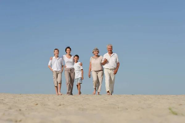 Porträt Einer Glücklichen Familie Auf Blauem Himmel Hintergrund Stockfoto