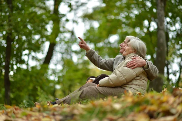 Gelukkige Senior Paar Zitten Park Man Met Vinger Wijzen — Stockfoto