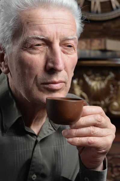 Portrait Senior Man Drinking Tea Home — Stock Photo, Image