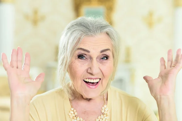Portrait Beautiful Senior Woman Jewelry Posing Home — Stock Photo, Image