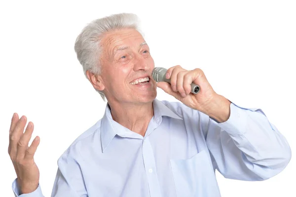 Portrait Senior Man Singing Karaoke Isolated White Background — Stock Photo, Image