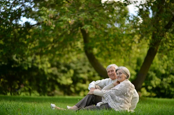 公園に座っている幸せな老夫婦は — ストック写真