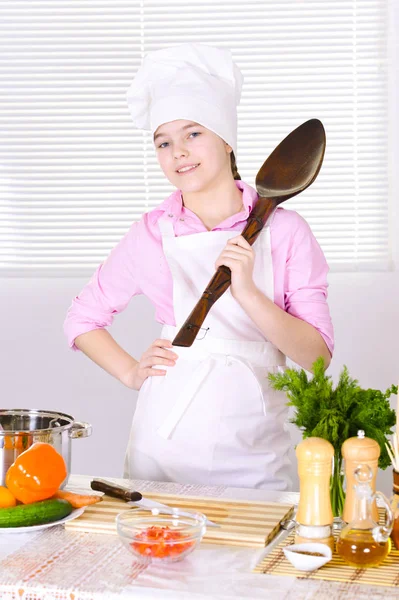 Hermosa Chica Con Uniforme Chef Con Cuchara Grande Cocina —  Fotos de Stock