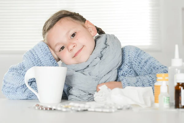 Young Sick Girl Medicines Sitting Table — Stock Photo, Image